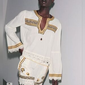 White and Gold Embroidered Blouse Cotton Blend Size Small